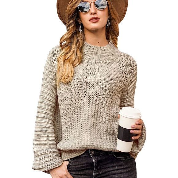 NWOT Oversized Crop Pullover Sweater Casual Round Neck Chunky Sweater- Apricot - Picture 2 of 5